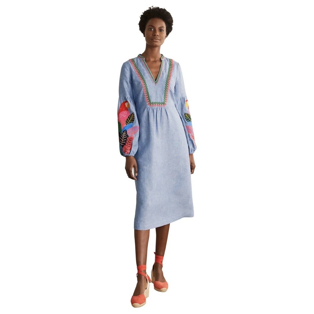 Boden Leonie Parrot Embroidered Linen Dress Blue Women's Resort Vacation 10R - Picture 1 of 15